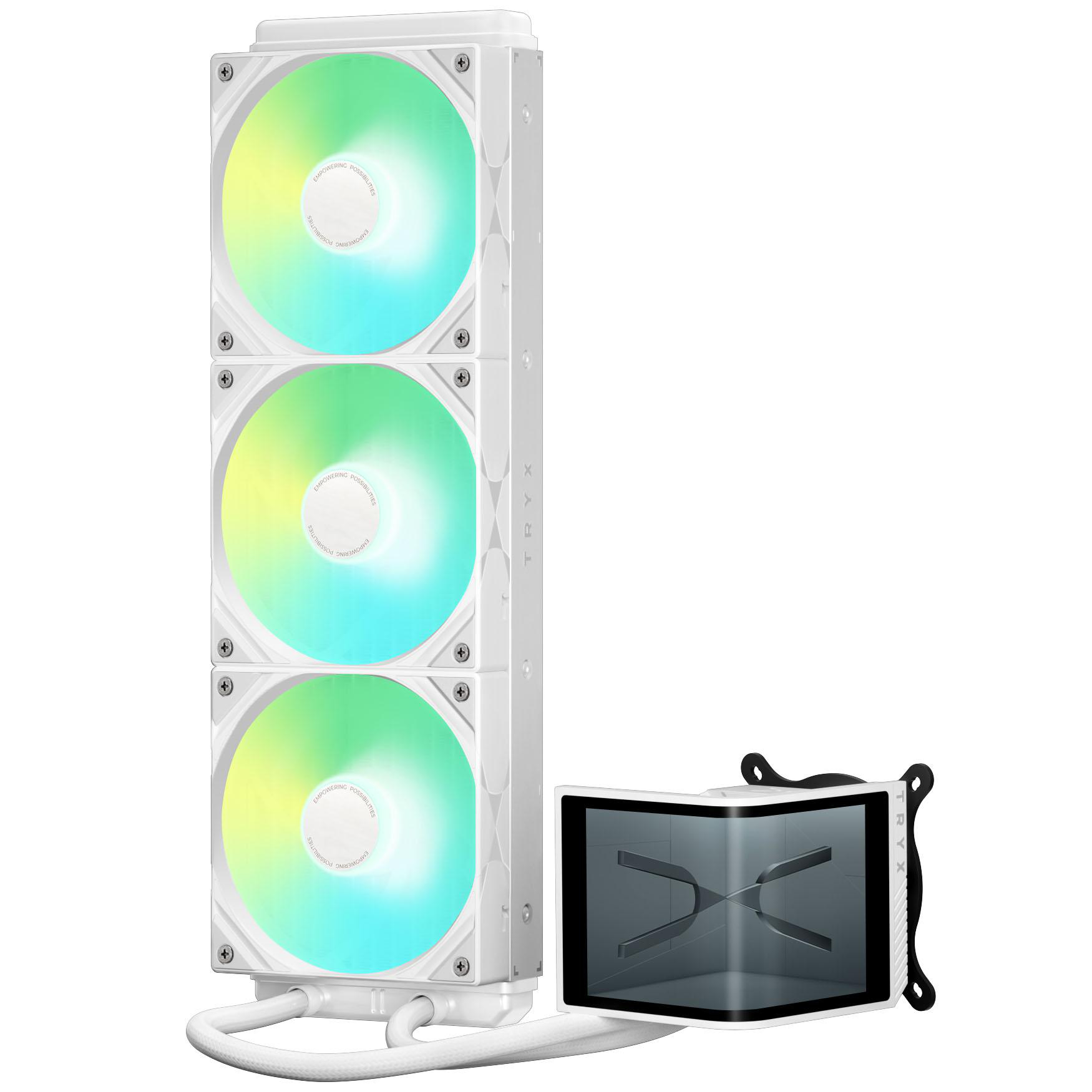 Weißes PC-Kühlsystem mit drei Lüftern und einem Block. Die Lüfter haben farbige Beleuchtung, der Block ist schwarz und weiß.