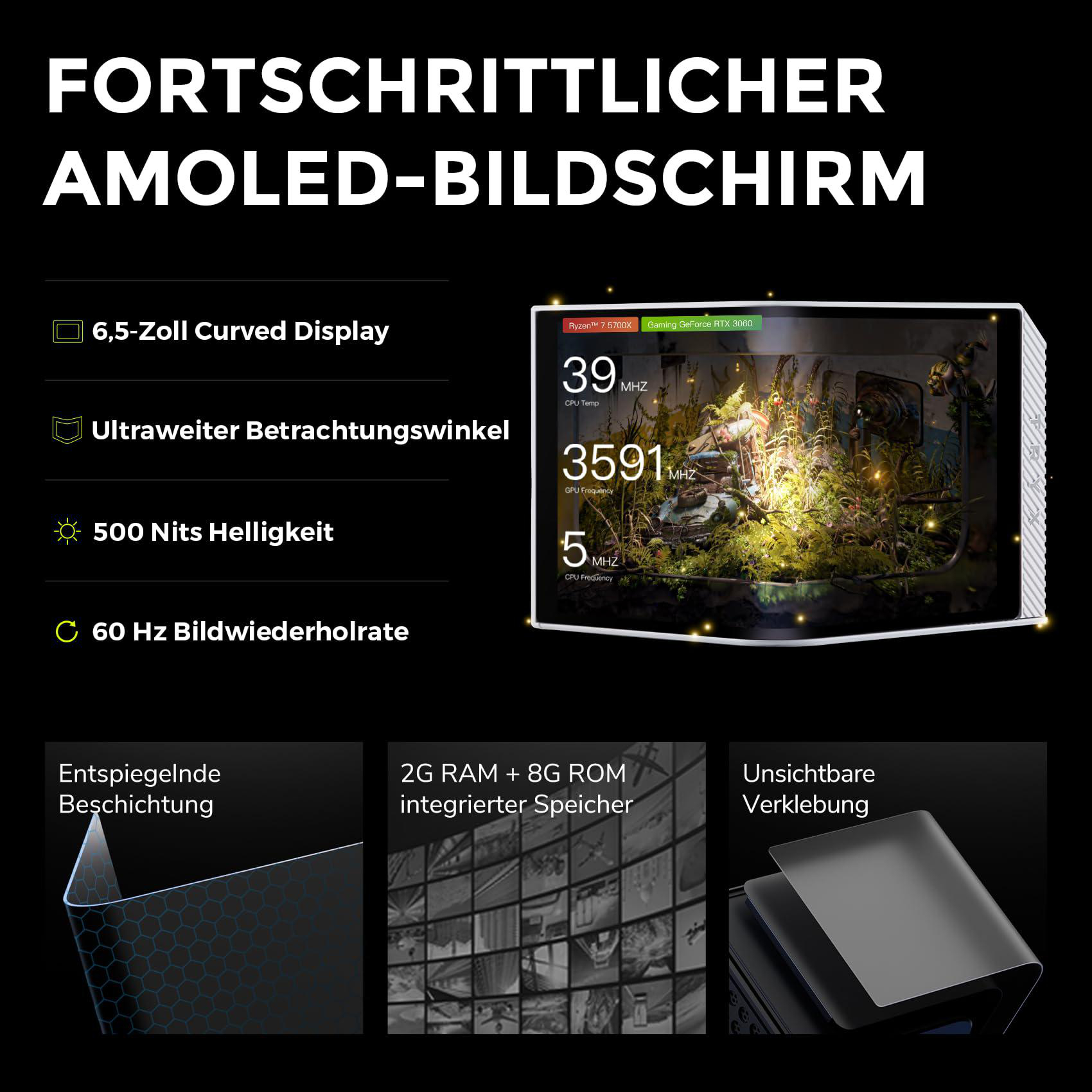 Das Bild zeigt einen Bildschirm mit Spezifikationen und Funktionen: gebogenes Display, weiter Betrachtungswinkel, 500 Nits, 60 Hz und RAM/ROM-Details.