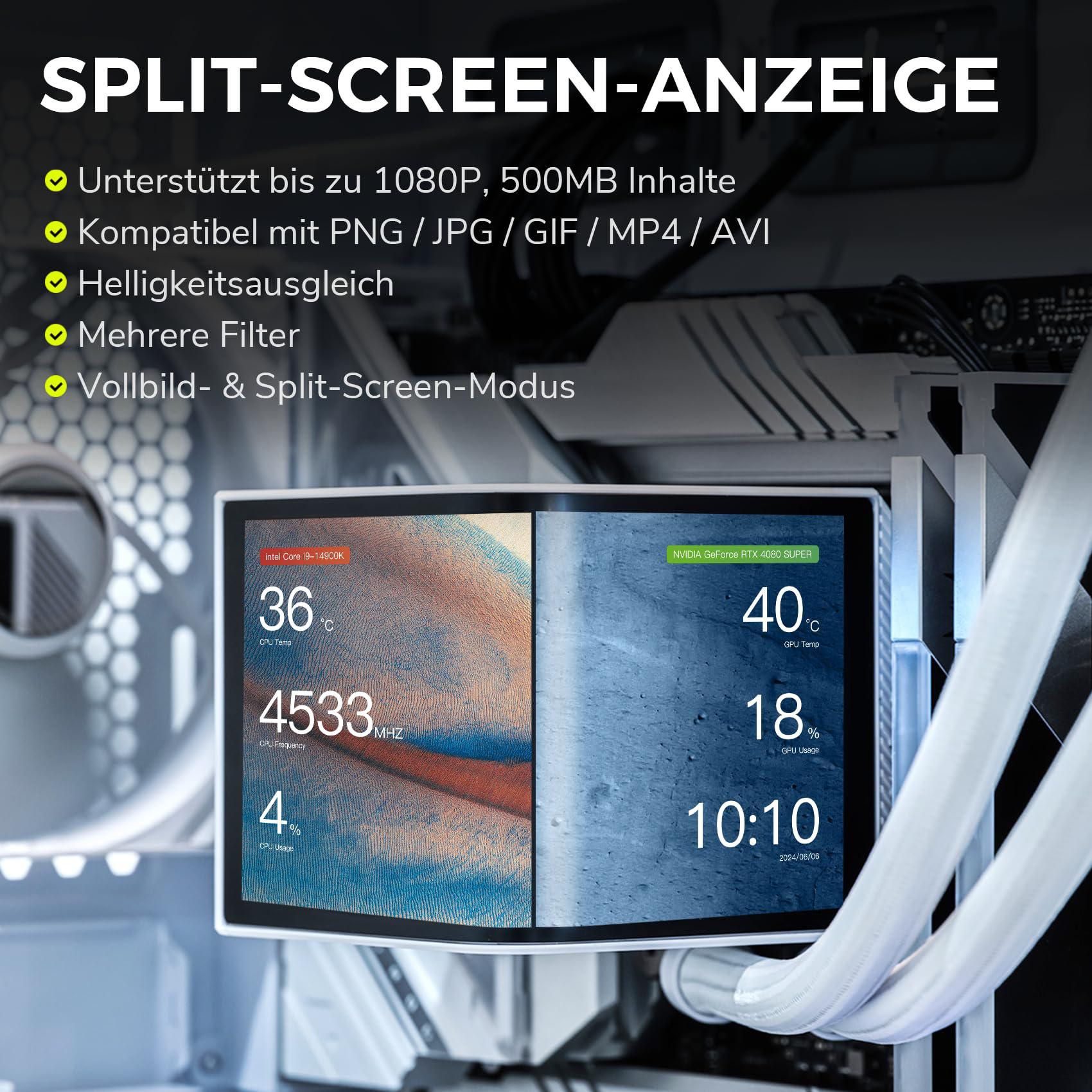 Ein geteilter Bildschirm zeigt CPU- und GPU-Daten mit einem Hintergrund aus Computerkomponenten und weißen Schläuchen. Text hebt Funktionen hervor.