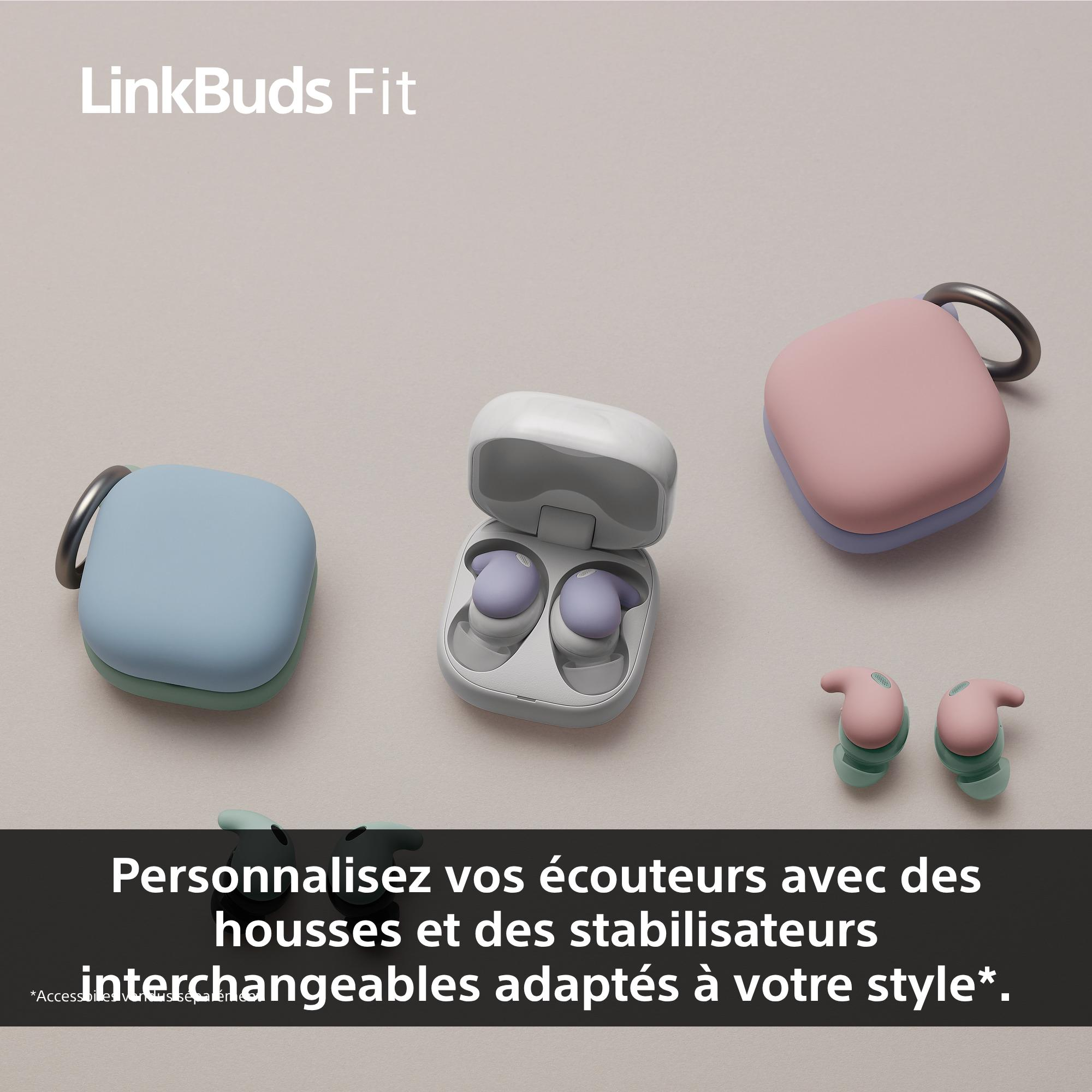 L'image montre des accessoires pour écouteurs, dont des étuis et des stabilisateurs. Le texte dit 'LinkBuds Fit' et parle de personnalisation.