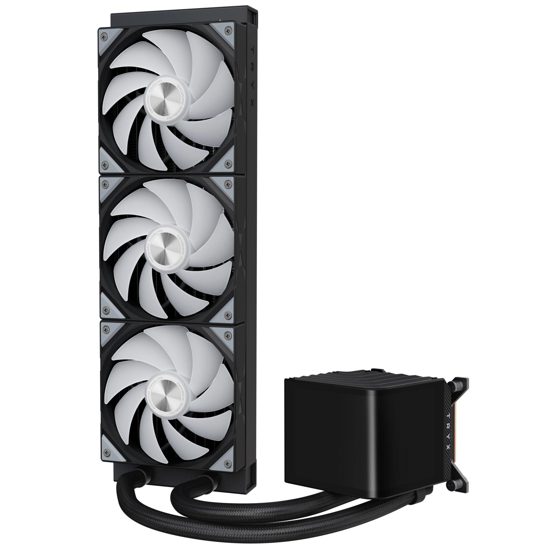 Ein schwarz-weißes Computerkühlsystem. Es hat drei Lüfter, einen schwarzen Block und verbundene Schläuche.