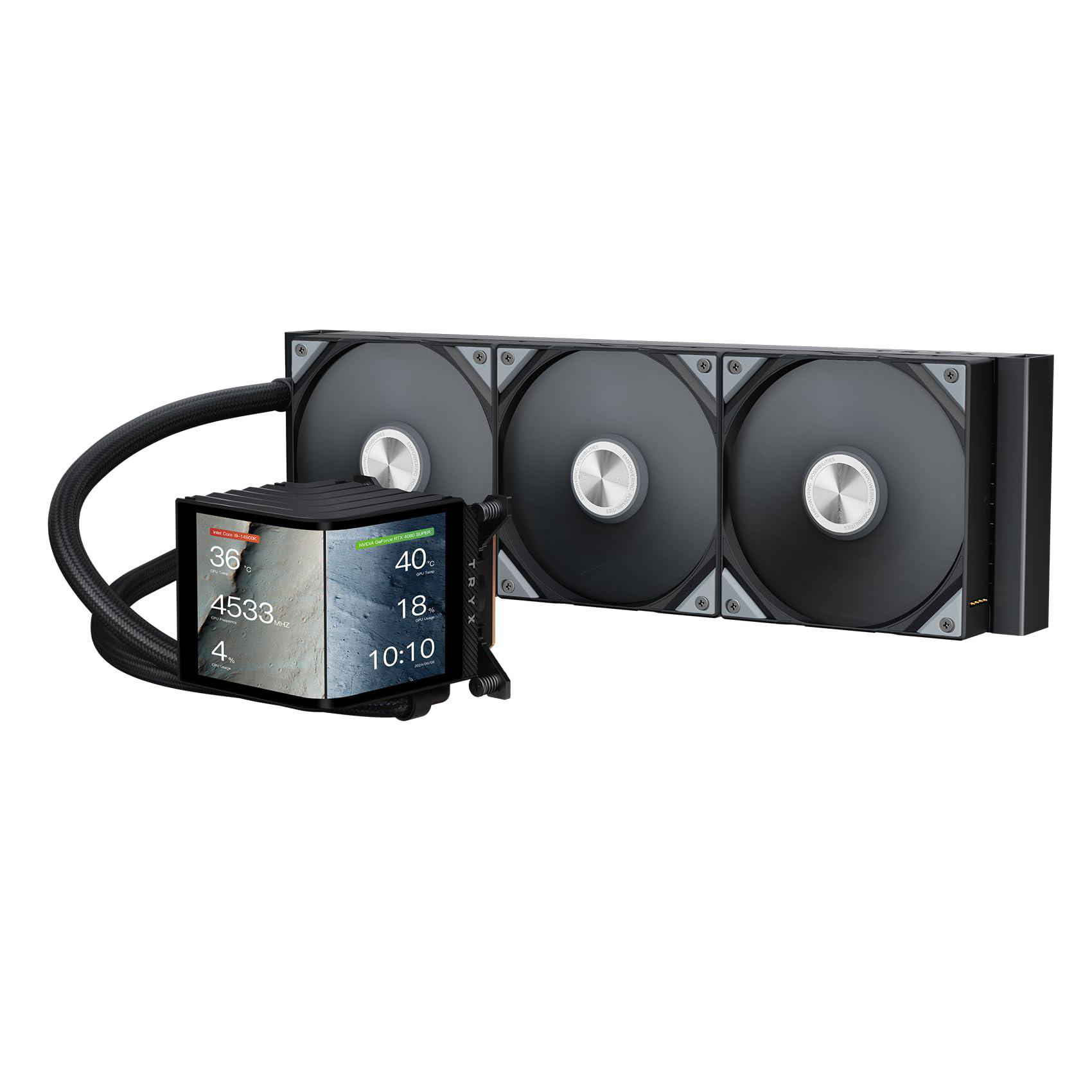 Ein Computer-Flüssigkeitskühlsystem mit drei Lüftern und einem Display, das CPU- und GPU-Details anzeigt.