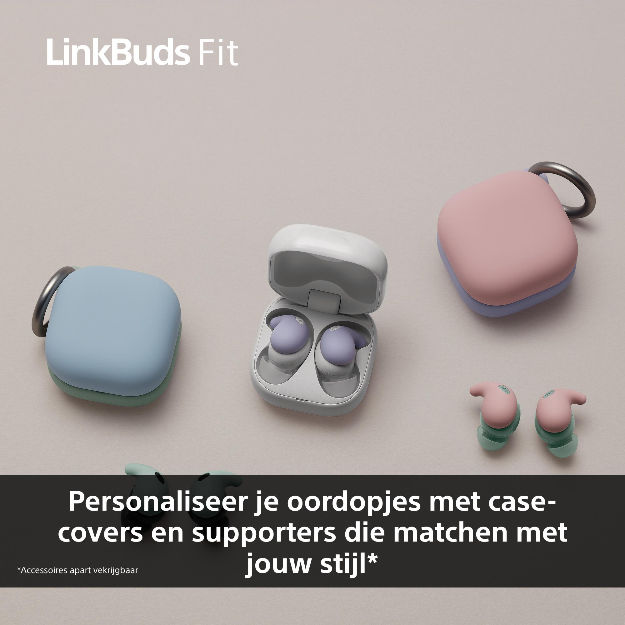 Afbeelding toont oortelefoons met hoesjes. Tekst: Personaliseer je oordopjes met bijpassende hoesjes en steunen, zodat ze bij je stijl passen.