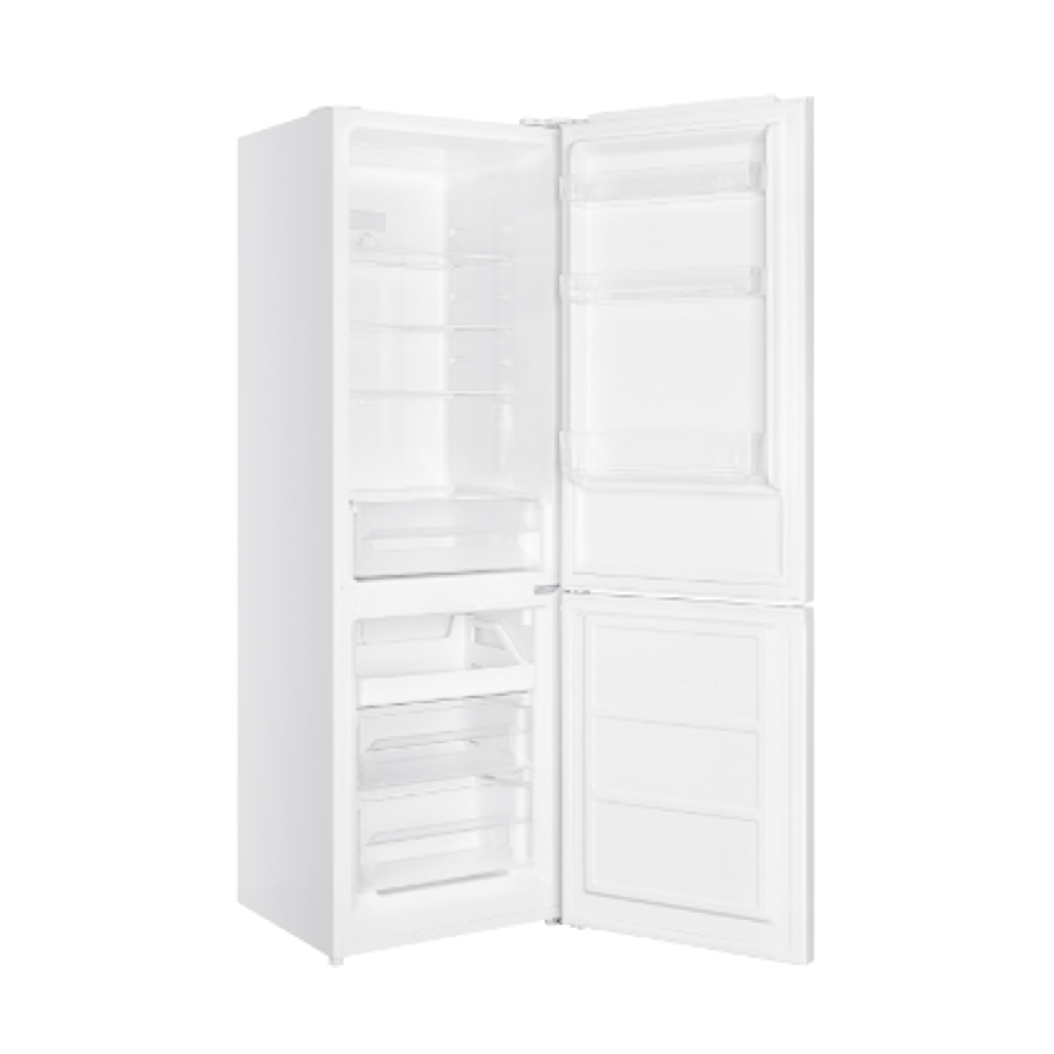 Un frigorifero bianco con la porta aperta. All'interno ci sono ripiani e cassetti. La porta aperta rivela altri ripiani.
