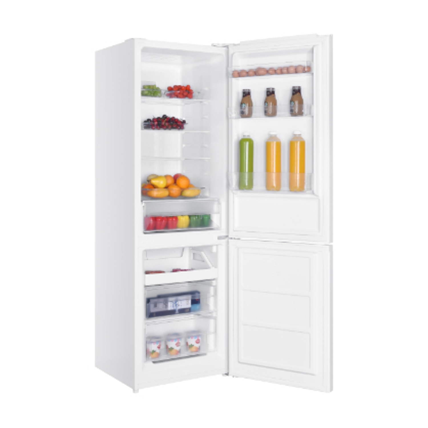 Frigorifero bianco aperto con cibo all'interno: frutta, verdura, bevande, uova e articoli confezionati.