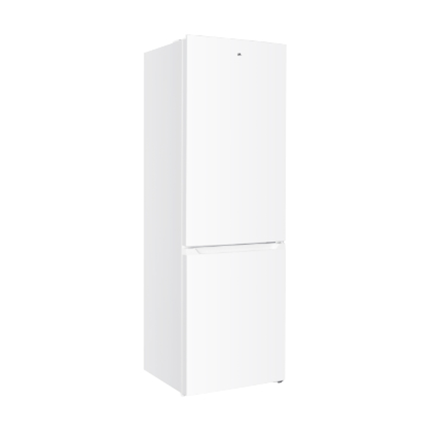 Un frigorifero bianco con due porte. La porta superiore è più alta di quella inferiore. Lo sfondo è bianco.