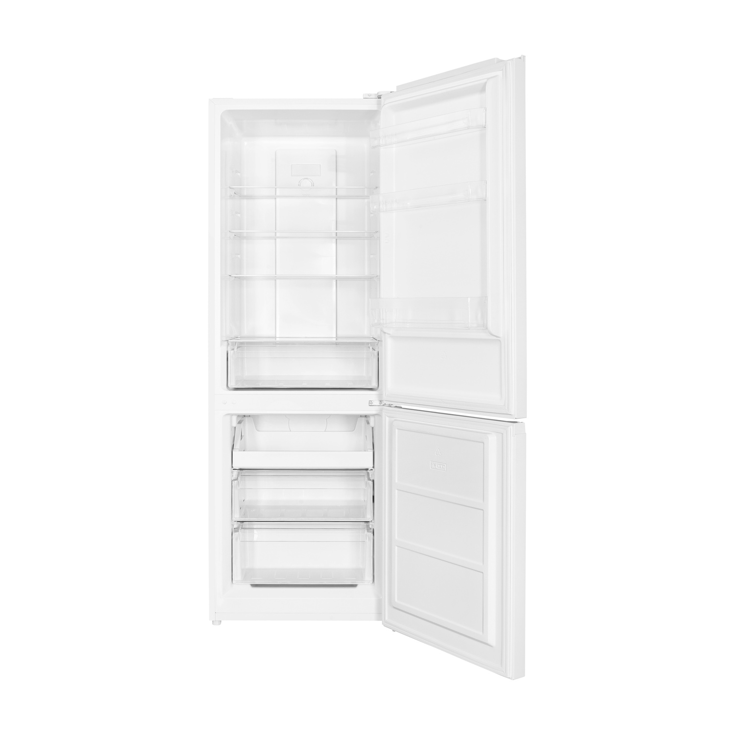 Un frigorifero bianco con la porta aperta, che mostra ripiani e cassetti. Anche la porta del congelatore è aperta.