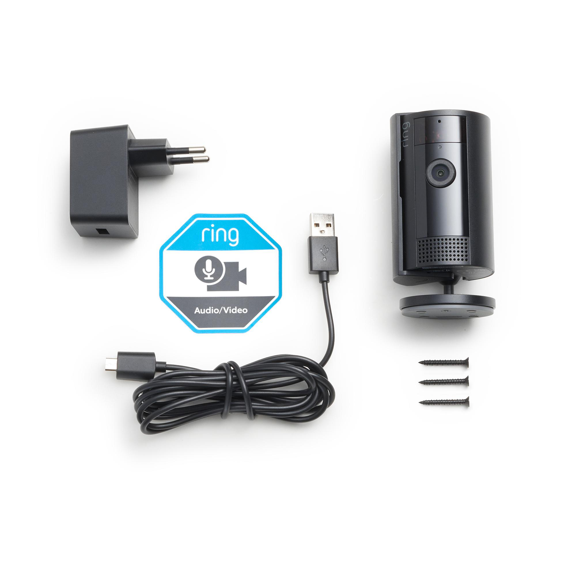 Ring-Überwachungskamera-Kit. Enthält Kamera, Netzteil, USB-Kabel, Schrauben und Ring-Logo.
