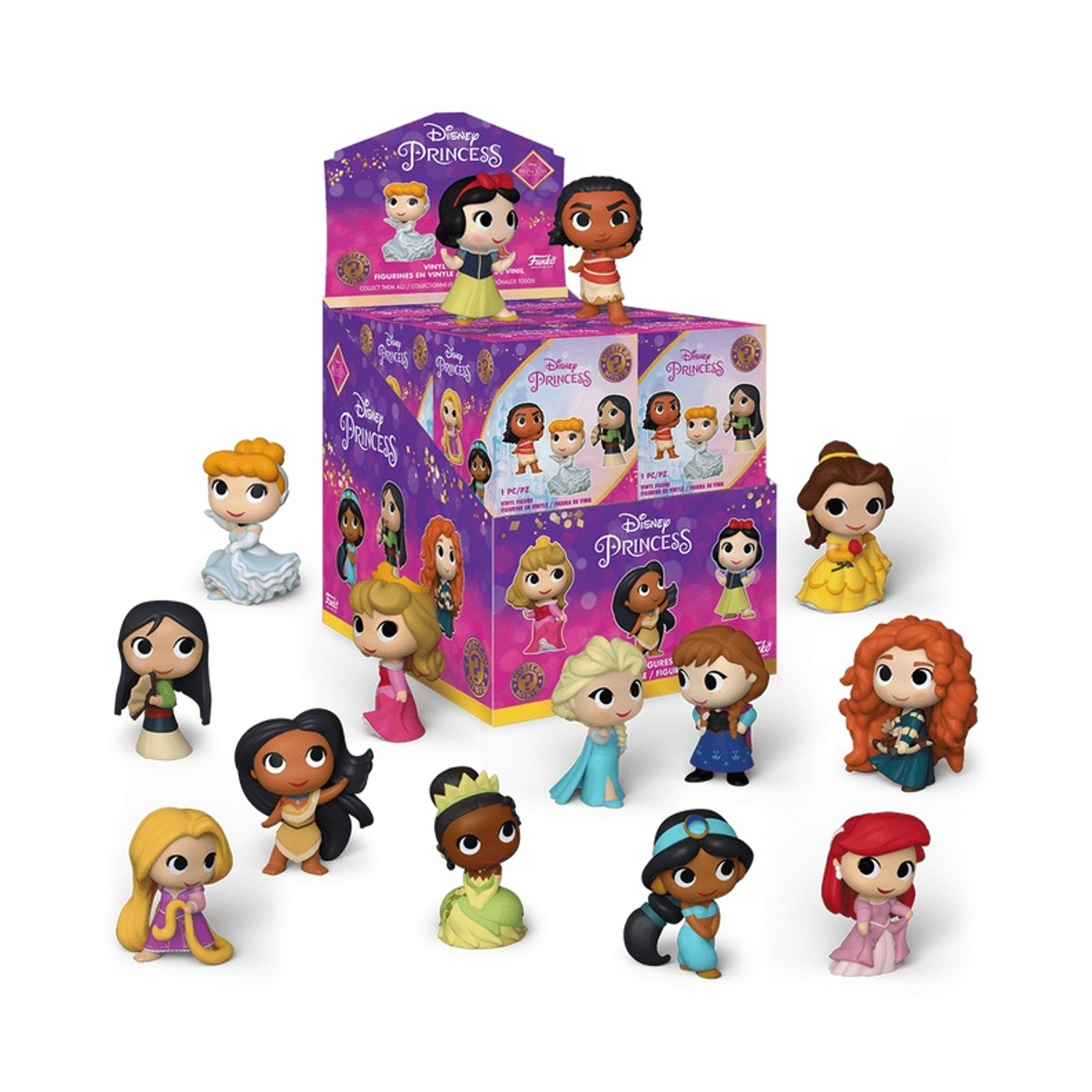 Un'esposizione di statuette Funko delle Principesse Disney, tra cui Biancaneve, Moana e altre. Una scatola mostra il logo delle Principesse Disney.