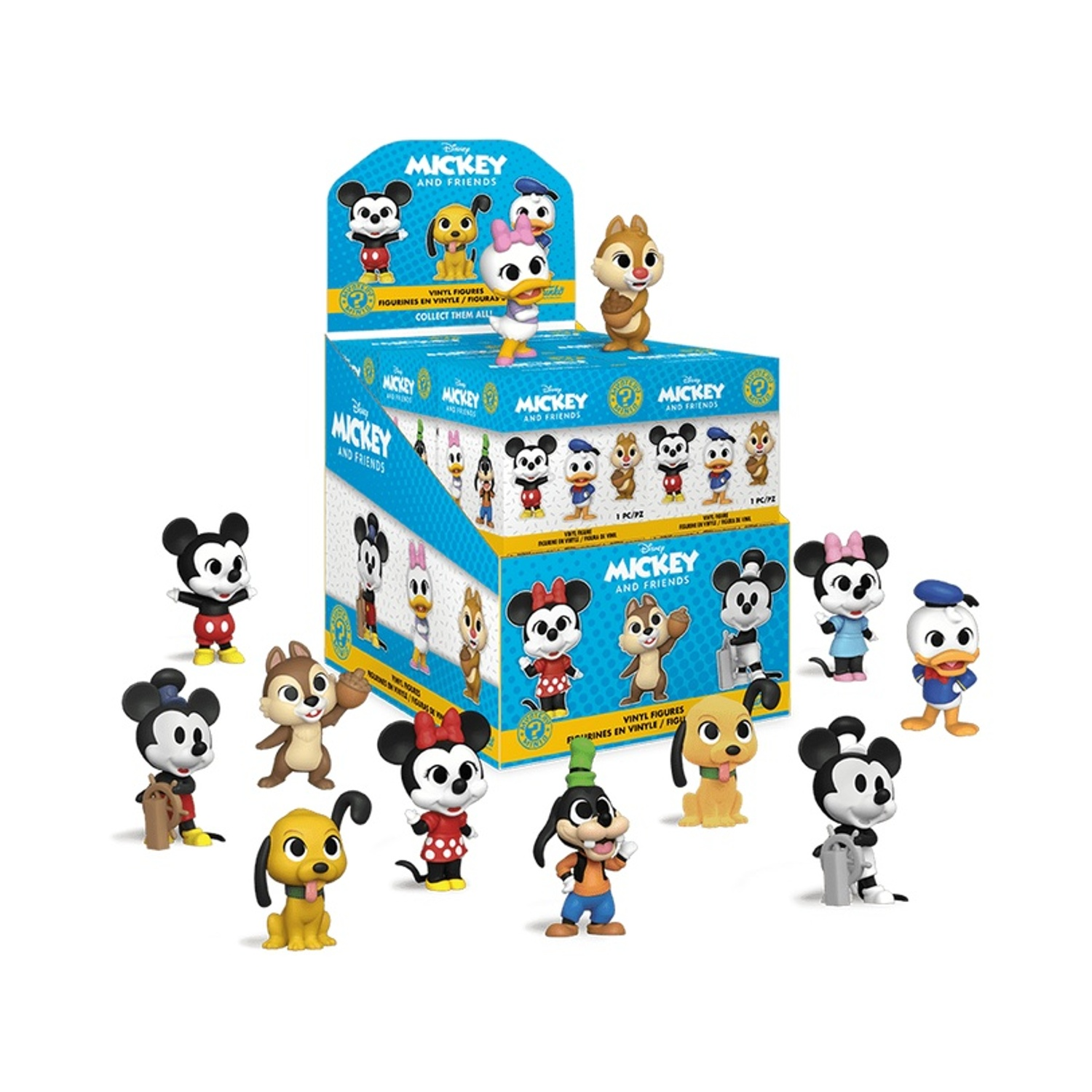 Le statuette di Disney Mickey e Friends sono esposte davanti a una scatola, con vari personaggi, tra cui Topolino e Paperino.