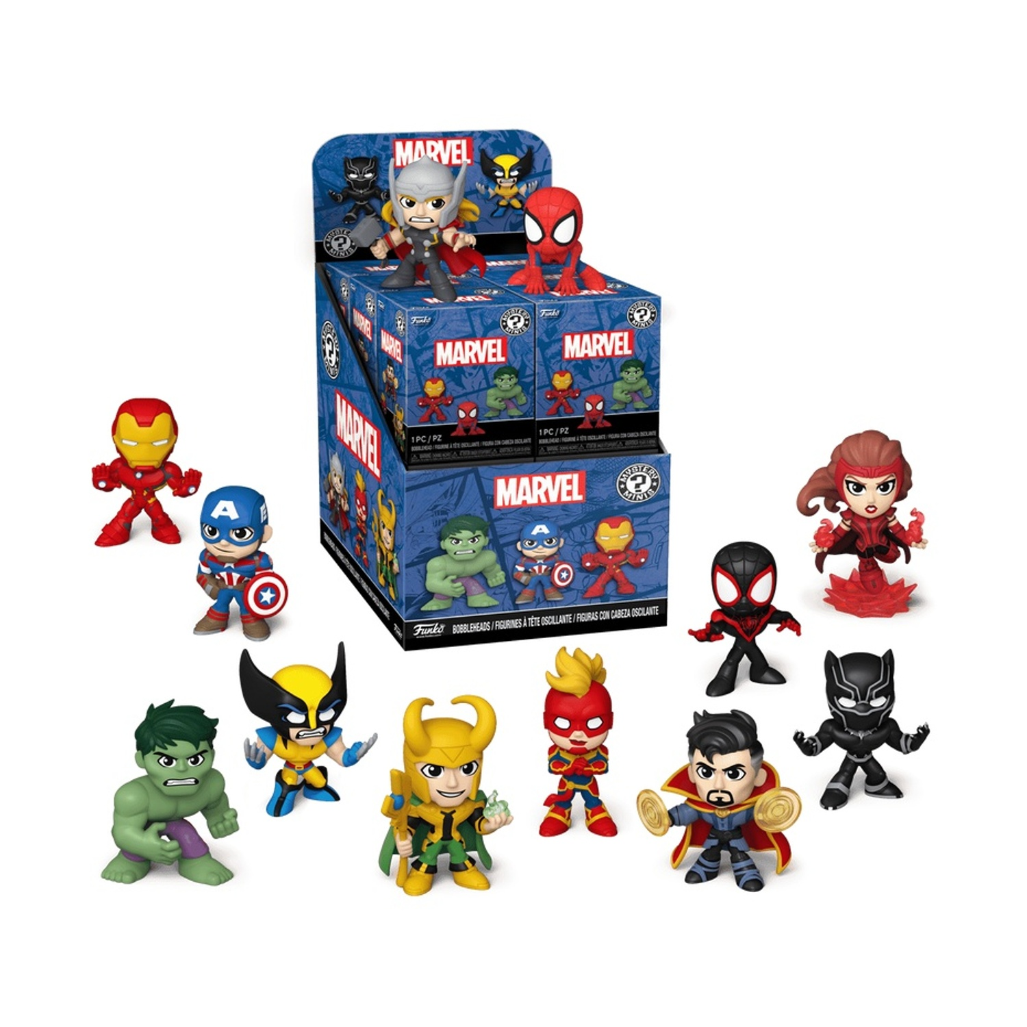 Statuine Marvel a testa oscillante. I personaggi includono Iron Man, Capitan America, Hulk, Wolverine, Thor, Spider-Man e altri. Una scatola è al centro.