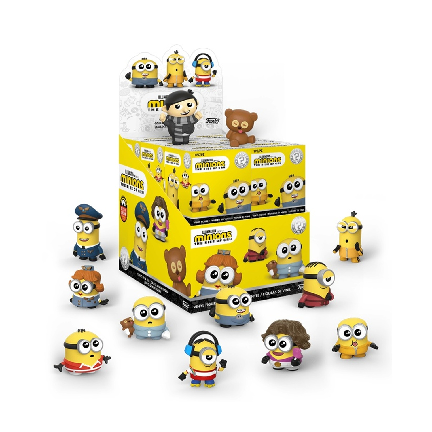 Figurine dei Minions in un espositore, ognuna con abiti unici. La scatola dice "Minions: The Rise of Gru". Vari colori e pose.