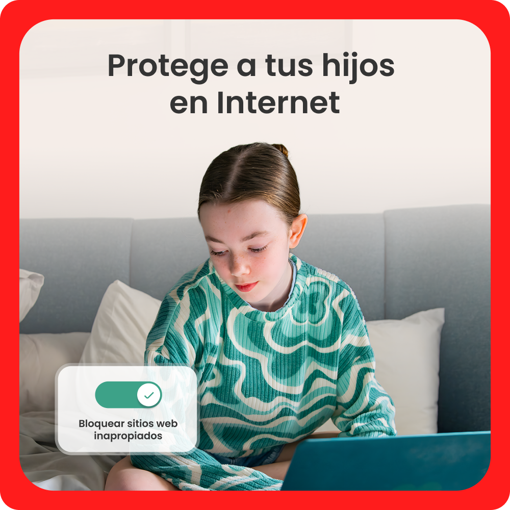 Niña usando laptop en cama. Texto arriba: 'Protege a tus hijos en Internet'. Botón para bloquear sitios web inapropiados.