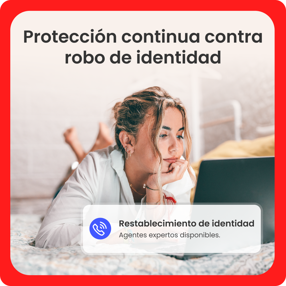Una mujer en la cama mira una laptop. El texto dice 'Protección contra robo de identidad'. Se ve un icono de teléfono.