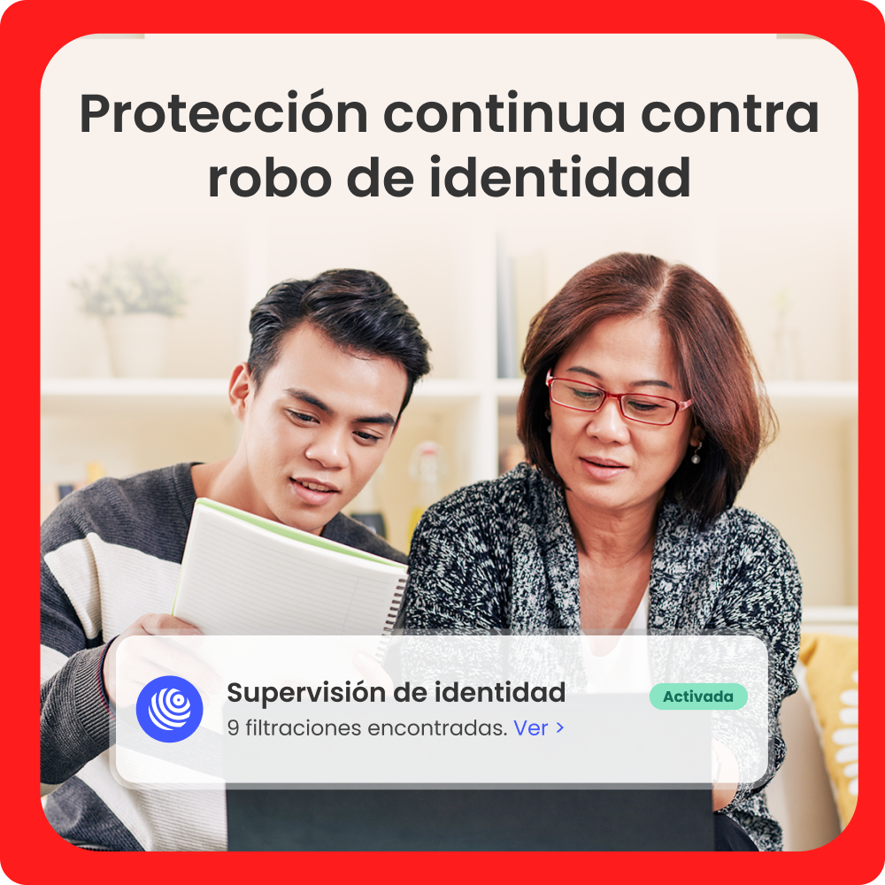 Un hombre y una mujer mirando una computadora portátil. El texto superior dice protección contra el robo de identidad. Una notificación es visible.