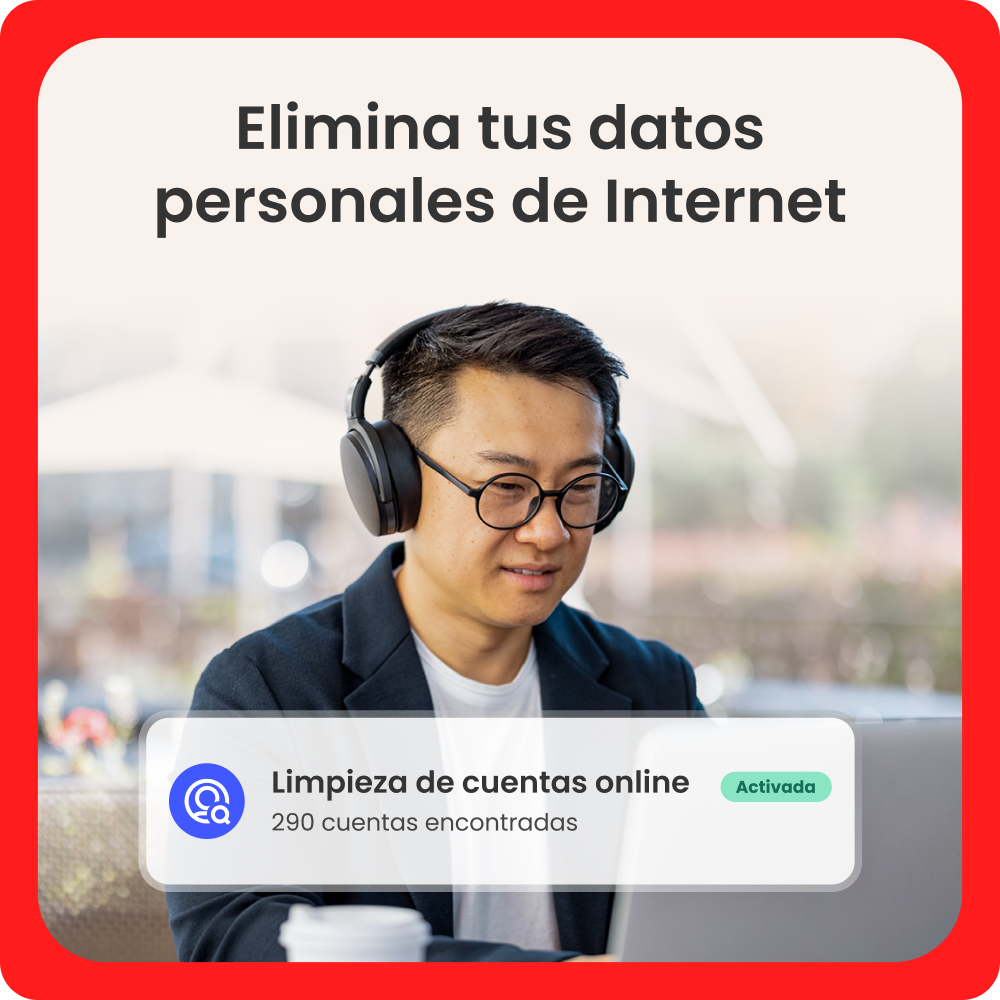 Hombre con gafas y auriculares mirando una laptop. Texto dice: 'Elimina tus datos personales de Internet'.