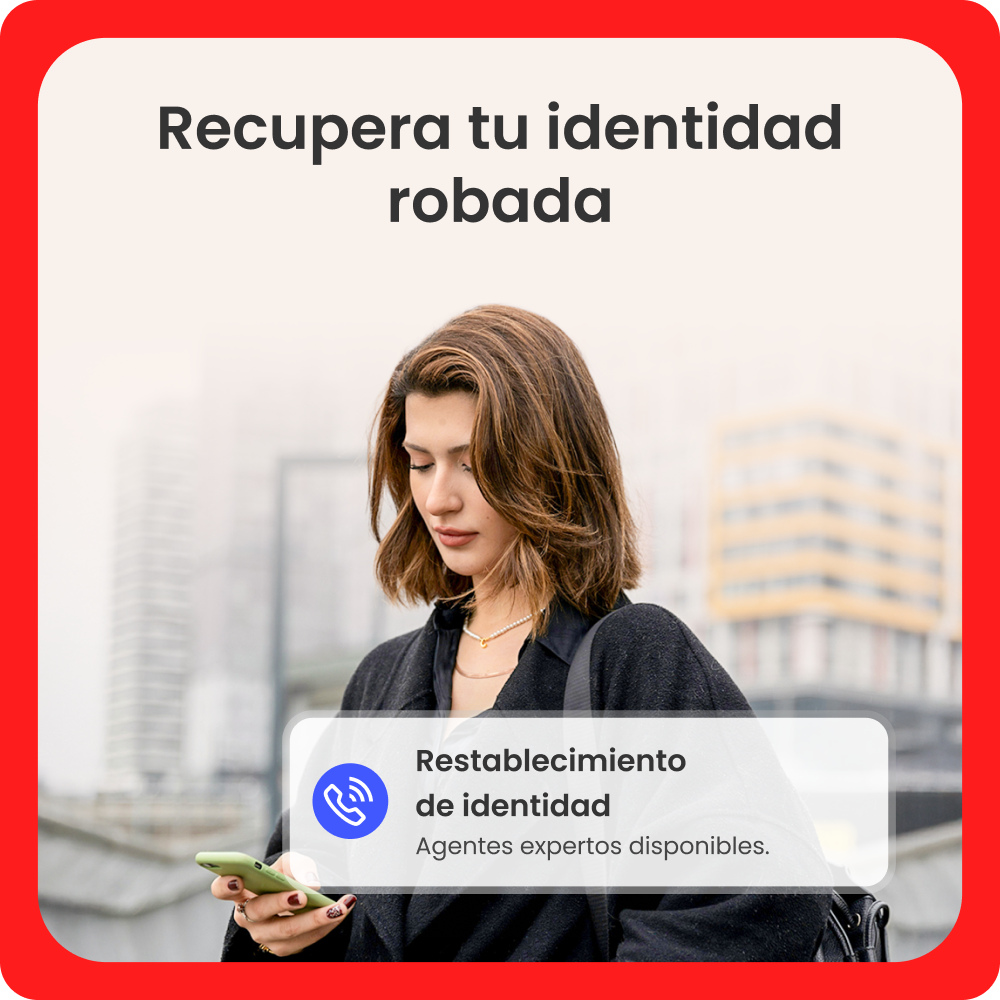 Mujer con teléfono, texto 'Recupera tu identidad robada' e icono de llamada con texto 'Restablecimiento de identidad'.