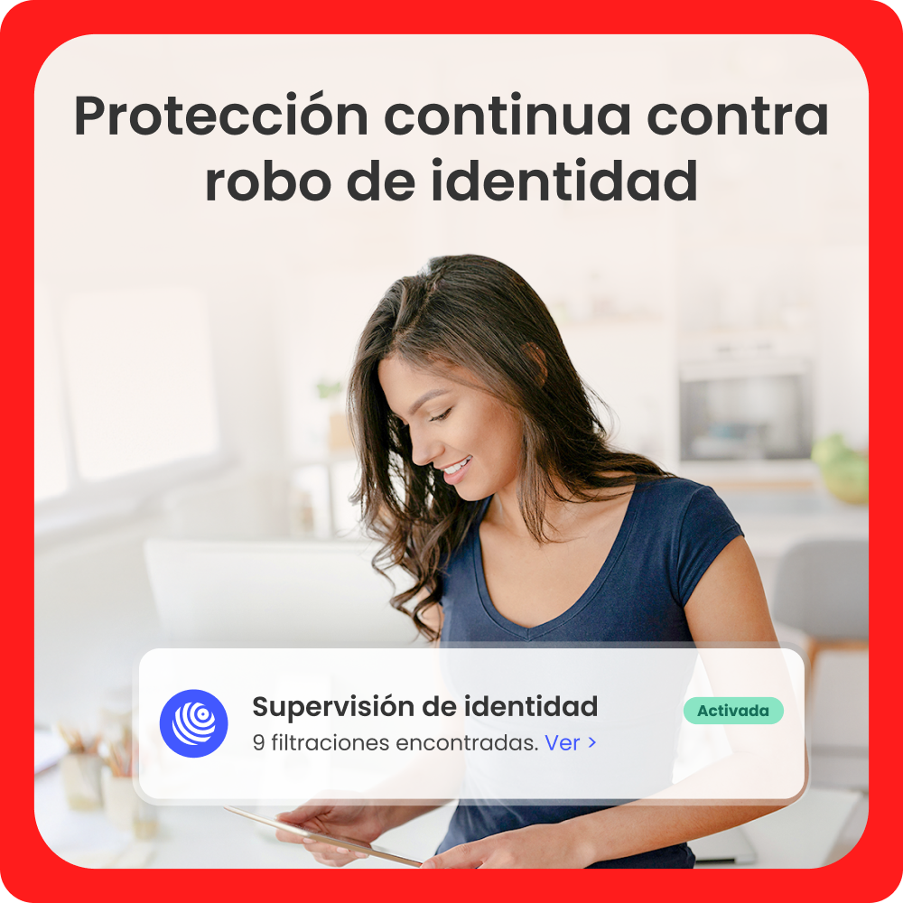 Una mujer sonríe, mirando una tableta. Texto: 'Protección continua contra el robo de identidad'. Una notificación está activa.