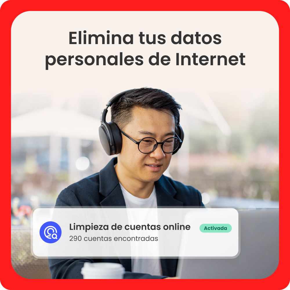 Hombre con gafas y auriculares, trabajando en una laptop. Texto: Elimina tus datos personales de Internet.