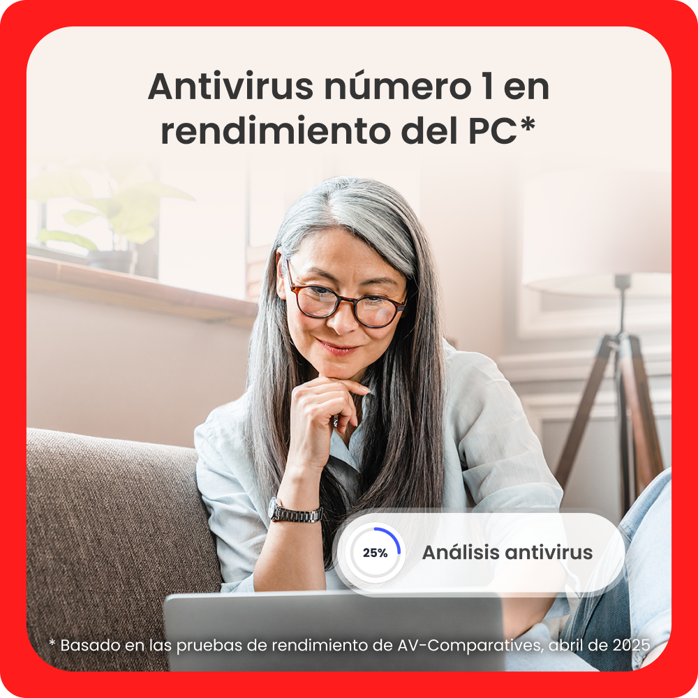 Mujer con gafas mirando una laptop. Texto: Antivirus número 1 en rendimiento de PC. Una barra de progreso muestra el 25% del análisis antivirus.