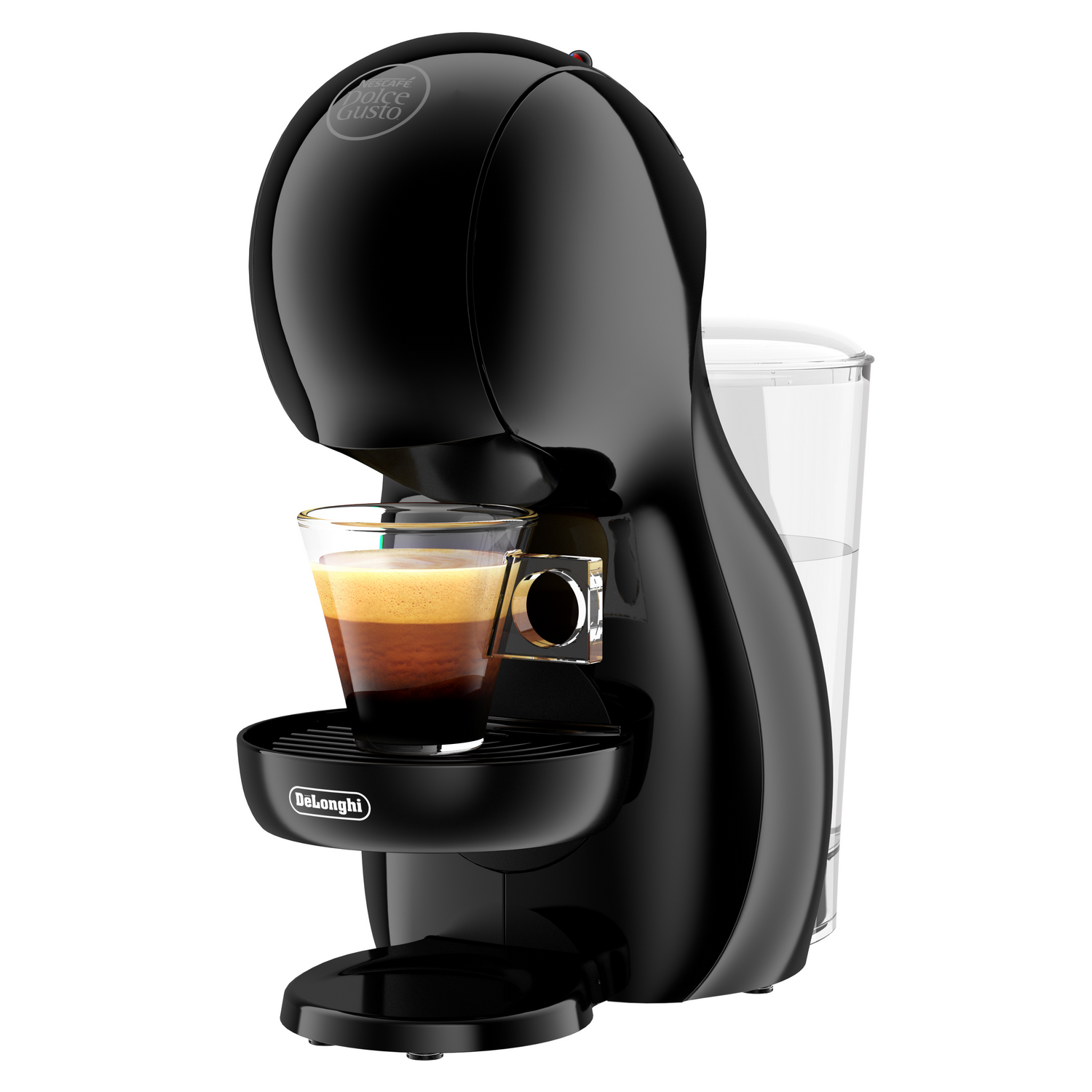 Cafetera Dolce Gusto negra con un vaso de café. Un depósito de agua está a la derecha. El logotipo de Delonghi es visible.