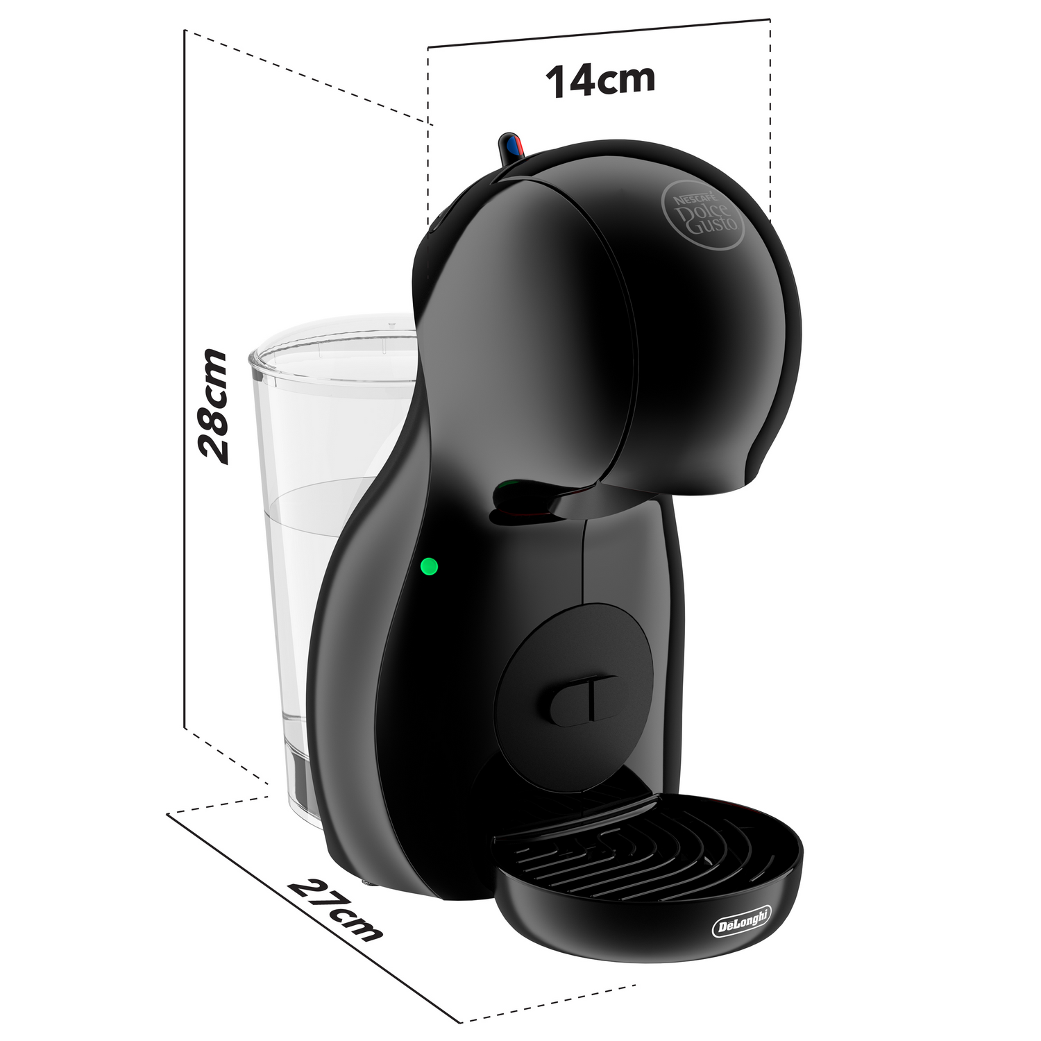 Una cafetera Dolce Gusto negra con dimensiones etiquetadas. Un vaso con agua a la izquierda.