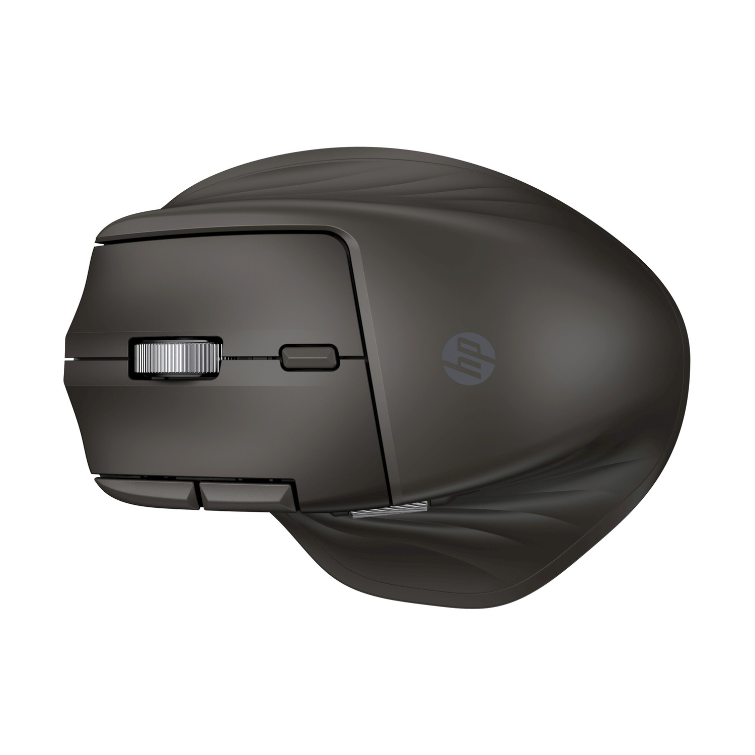 Un mouse HP ergonomico grigio scuro. Ha una rotella, diversi pulsanti e un design curvo per un utilizzo confortevole. Logo HP visibile.