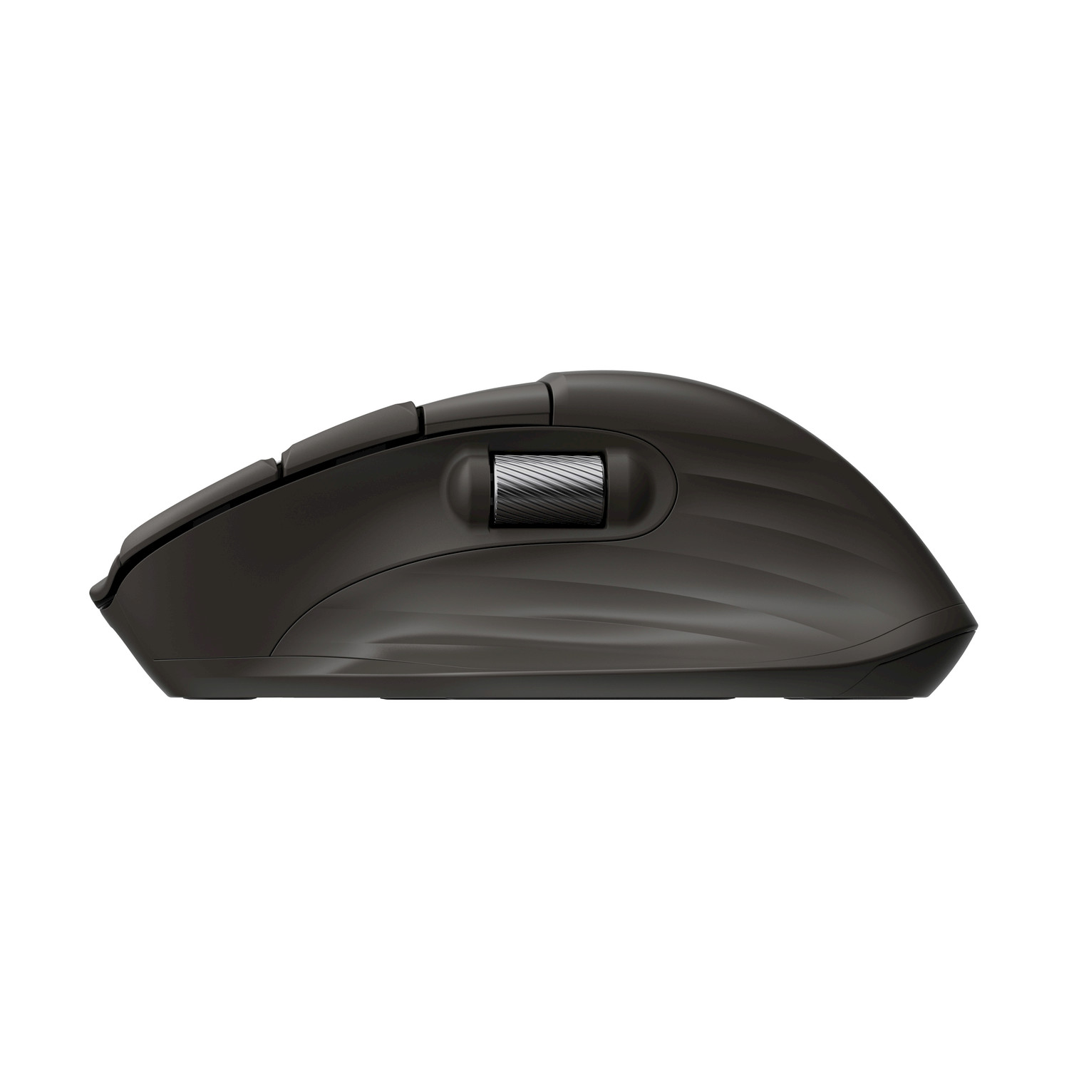 Un mouse per computer nero è visto di lato. Ha diversi pulsanti, una rotella di scorrimento e un design ergonomico curvo.