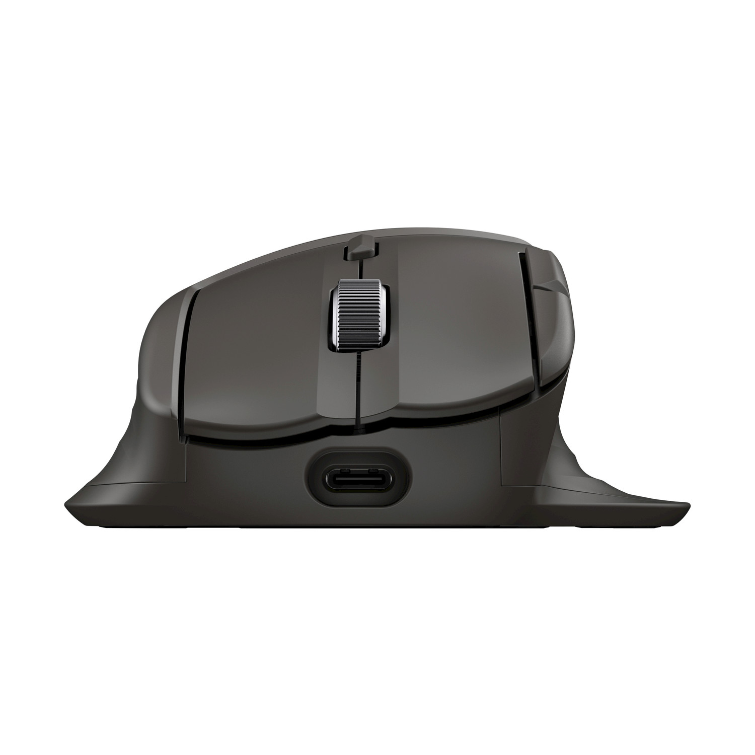 Un mouse per computer grigio ergonomico. Ha una rotella di scorrimento e una porta USB-C. Lo sfondo è bianco.
