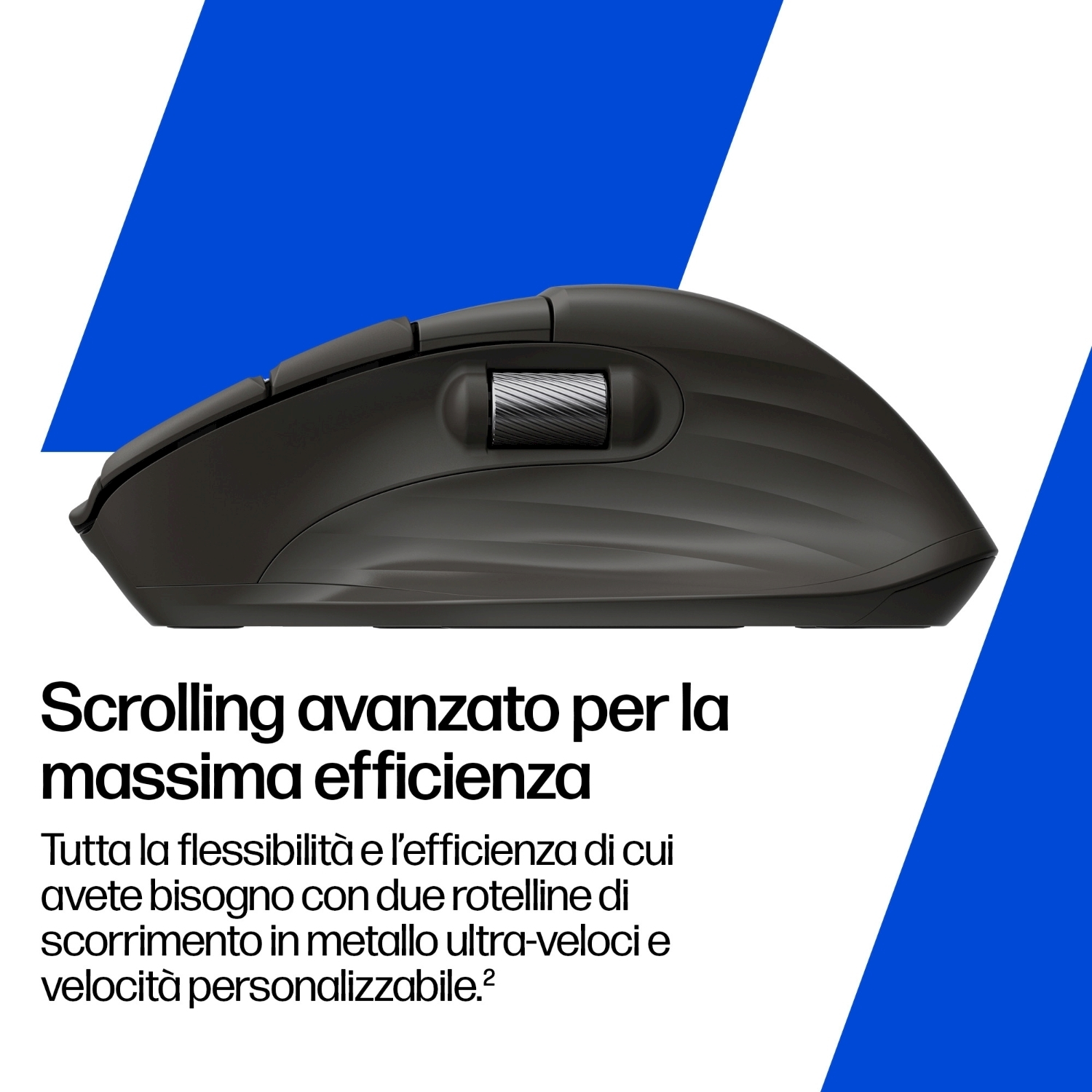 Un mouse nero su una superficie bianca. Forme blu sullo sfondo. Il testo recita: Scrolling avanzato per la massima efficienza.