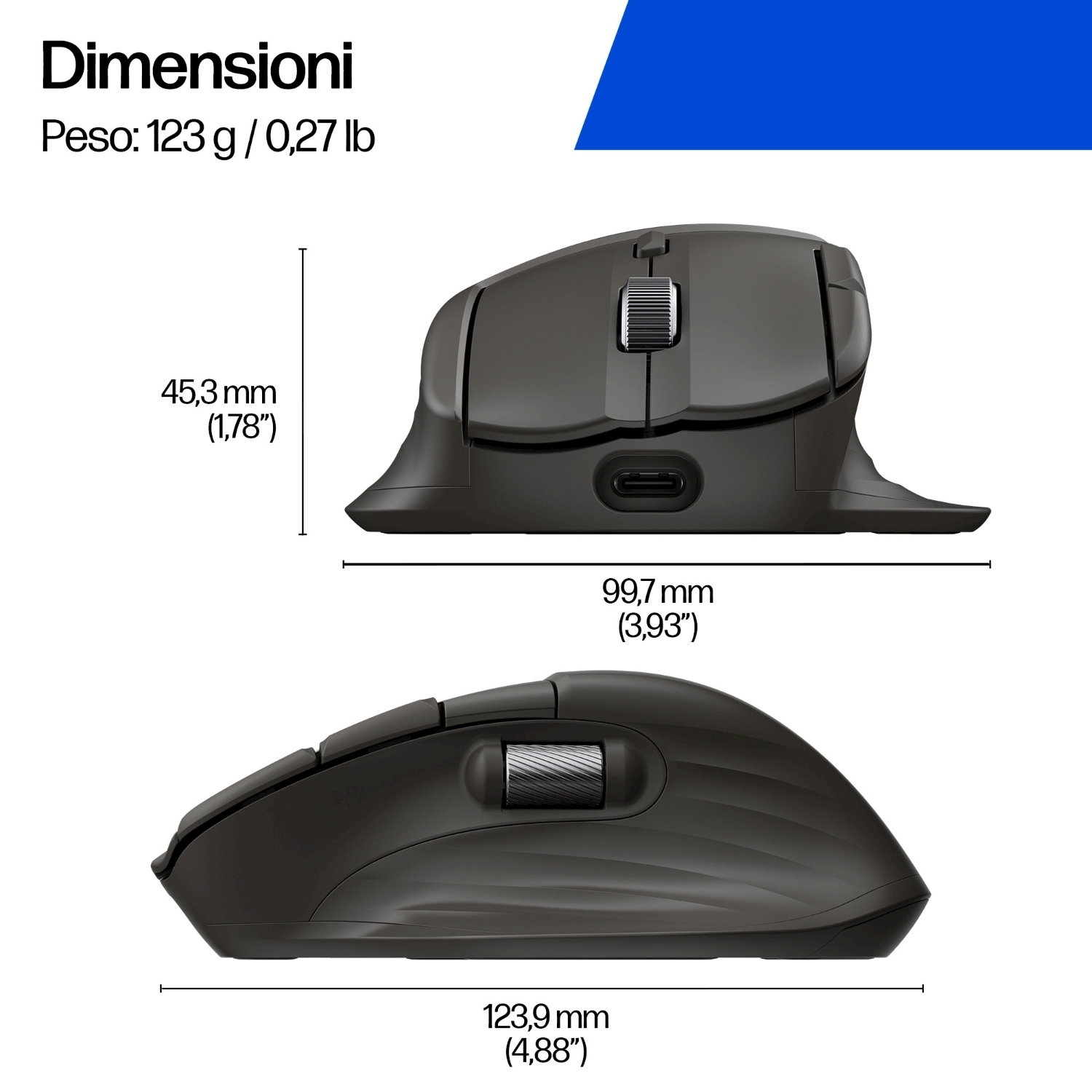 Un mouse ergonomico nero con dimensioni e dettagli sul peso. Ha una rotella di scorrimento e pulsanti laterali.