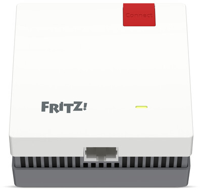 Routeur blanc avec base grise, logo 'Fritz!' et bouton rouge 'Connect'. Il a un port et une petite lumière jaune.