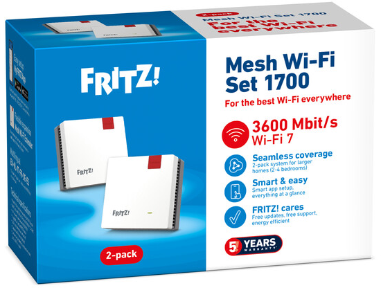 Boîte du FRITZ! Mesh Wi-Fi Set 1700. Deux appareils blancs avec des accents rouges. Texte : '3600 Mbit/s', 'Wi-Fi 7', et '5 ans de garantie'.