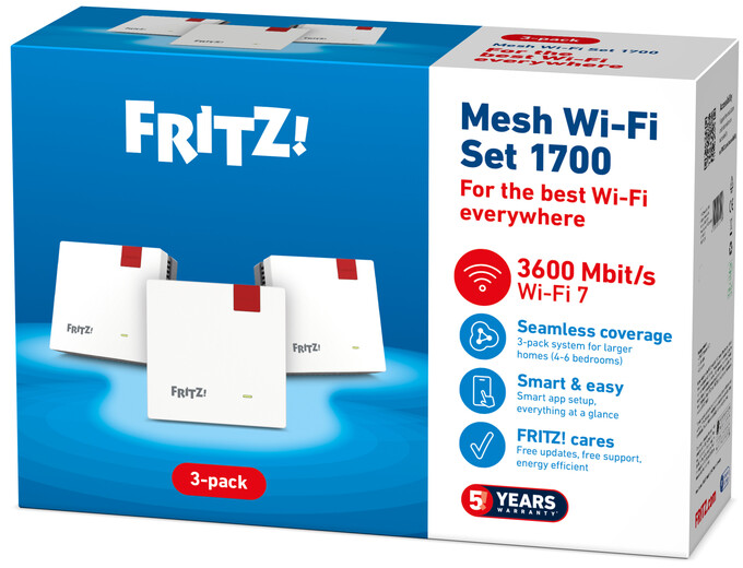 Une boîte blanche avec trois routeurs WiFi carrés blancs à accents rouges. Le texte sur la boîte comprend 'FRITZ!' et 'Mesh Wi-Fi Set 1700'.