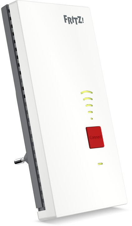 Répéteur FRITZ! blanc avec bouton rouge 'Connect' et indicateurs WiFi. L'appareil est posé sur une surface blanche.