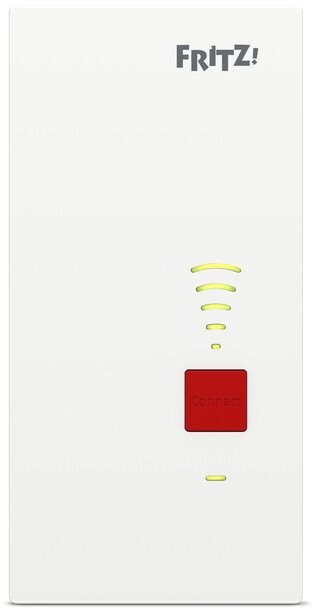 Appareil blanc avec bouton 'Connecter' rouge, signal wifi jaune et logo 'FRITZ!'