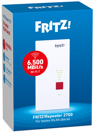 Boîte de FRITZ!Repeater 2700. Elle est blanche avec bouton rouge, cercle rouge avec 6 500 Mbit/s et symbole Wi-Fi.