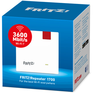 Une boîte bleue avec un routeur blanc à l'intérieur. La boîte indique FRITZ! et Wi-Fi 7. Le routeur est FRITZ!Repeater 1700.