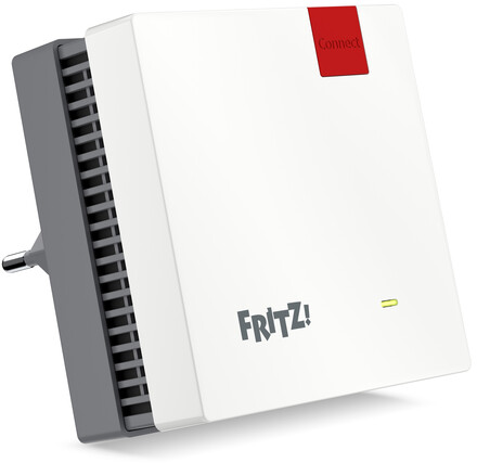 Adaptateur CPL FRITZ! blanc et gris avec étiquette 'Connect' rouge et LED verte. Une prise à gauche.