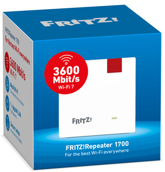 Une boîte blanche et bleue avec une image de routeur. La boîte porte la mention 'FRITZ!Repeater 1700'.