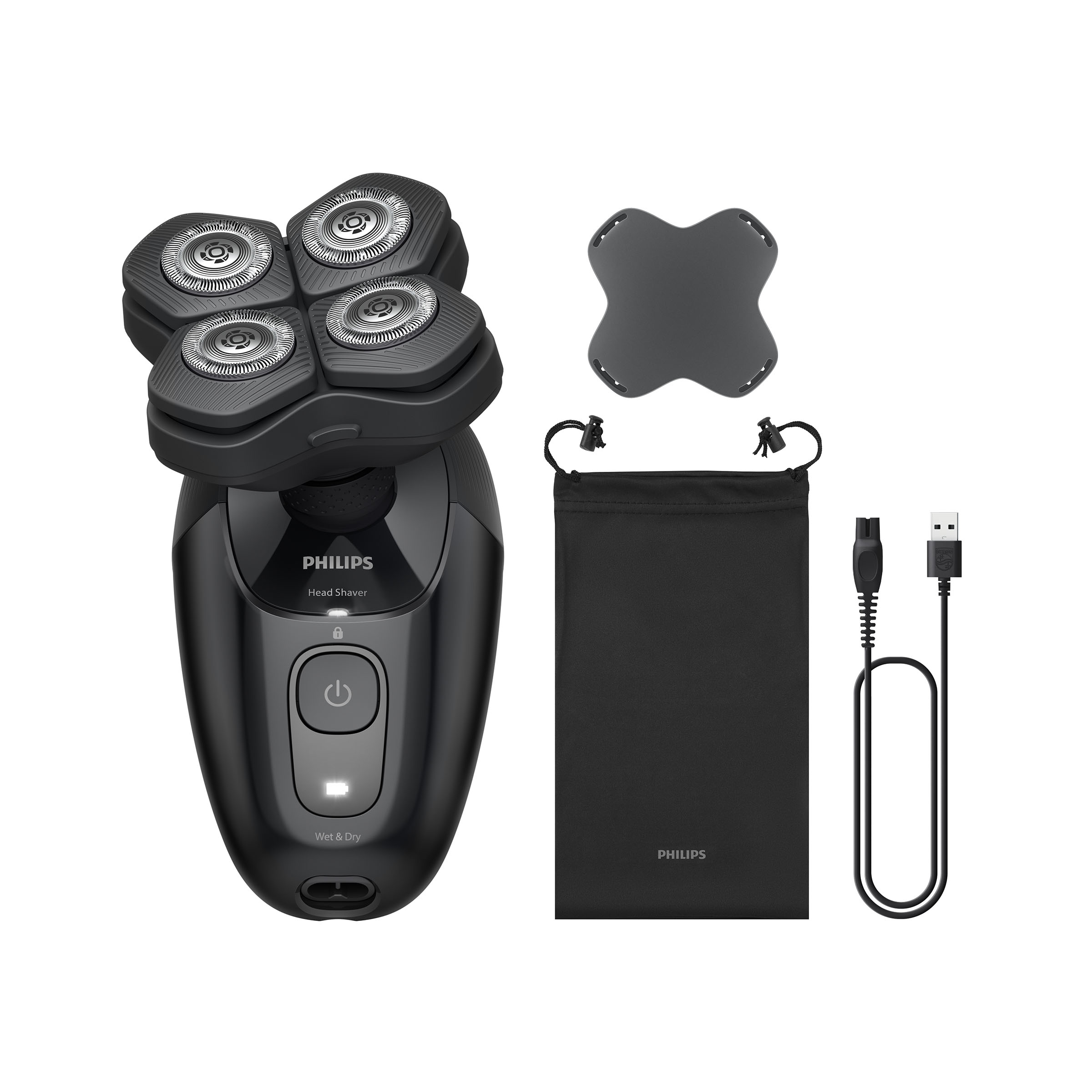 Czarna golarka do głowy Philips z akcesoriami: kablem do ładowania, etui i osłoną, na białym tle.