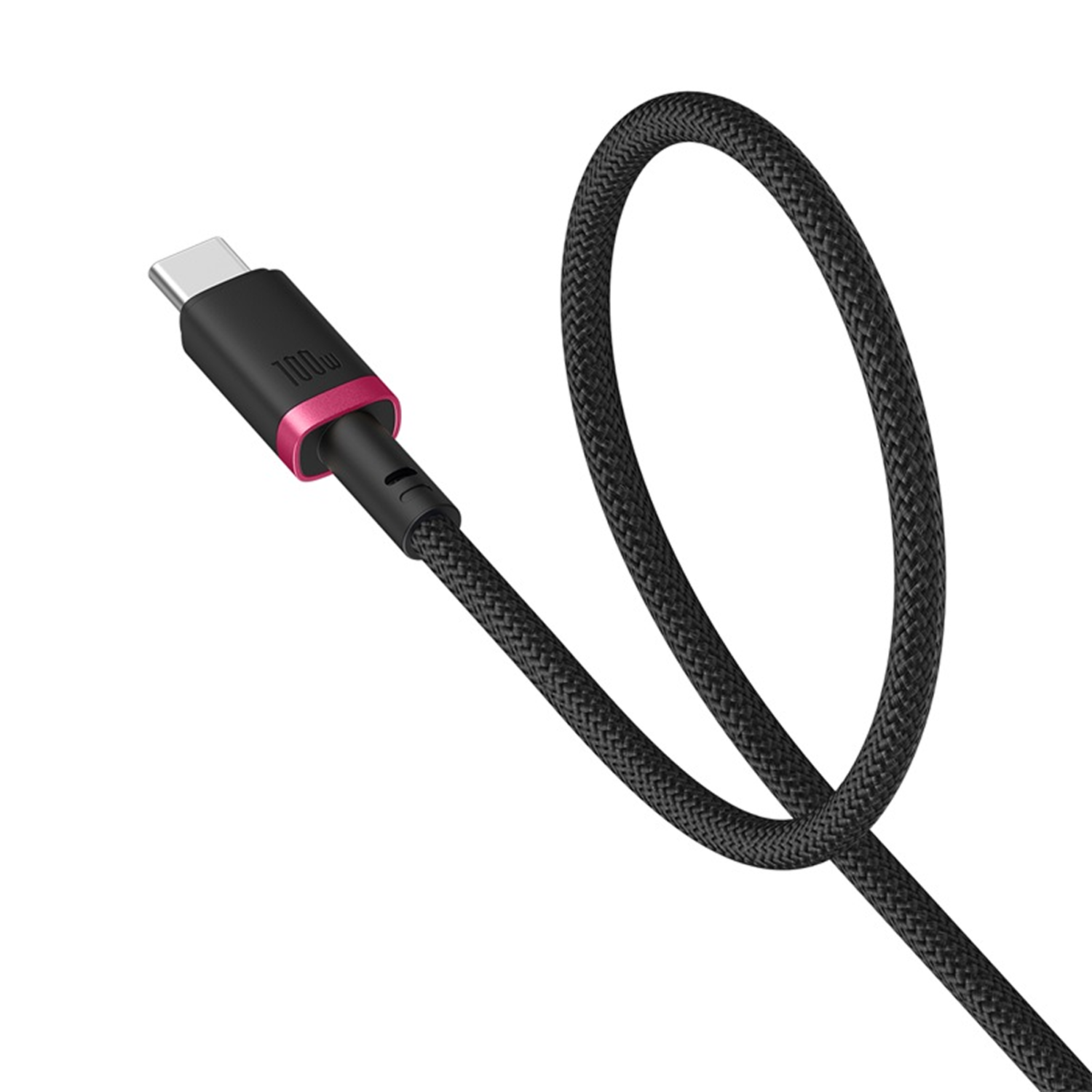 Un cable USB-C negro con un acento rosa. El cable es trenzado y en bucle. El conector es negro con 100W impreso.