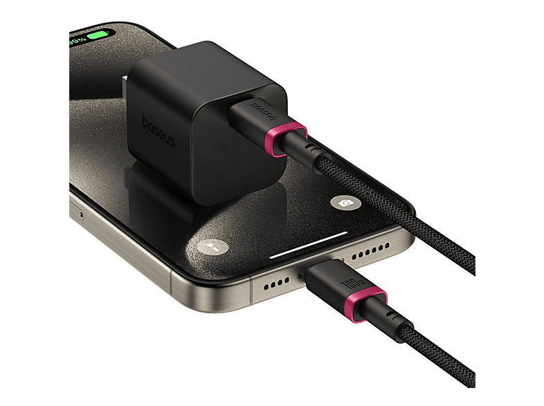Cable USB-C - Baseus Dura, Tipo-C a Tipo-C, 100 cm, Carga ultrarrápida, Protección inteligente sobrecargas, Alta resistencia, 100W, Negro y Rojo