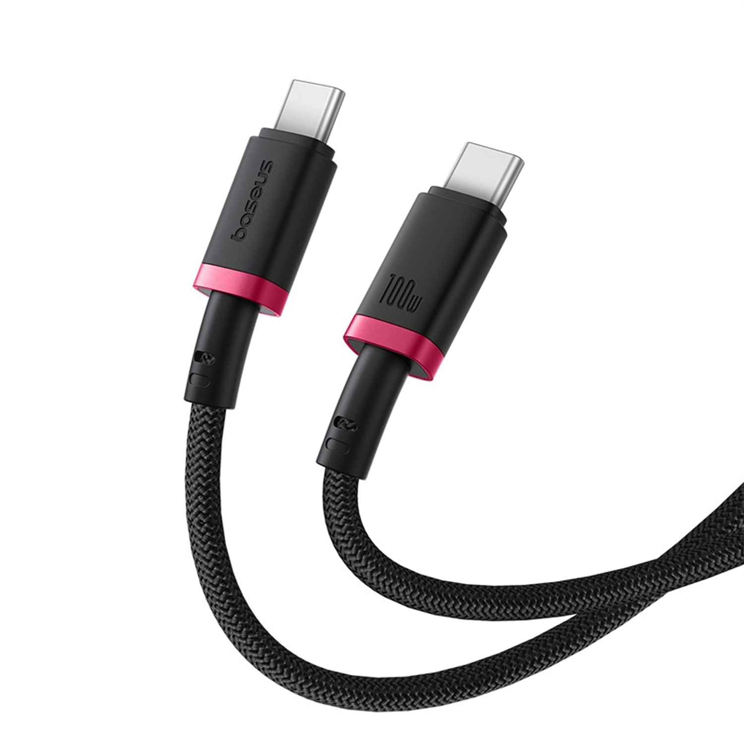 Dos cables USB-C negros, detalles rosas y conectores plateados. Uno tiene 'baseus' y el otro '100w'.