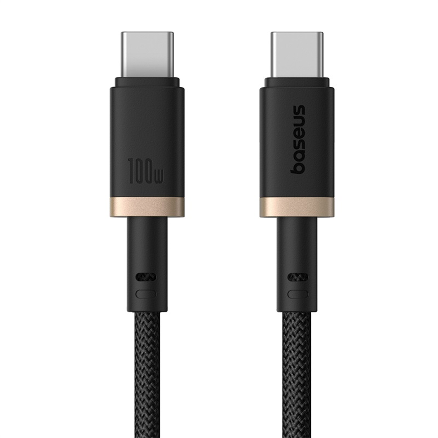 Dos cables de carga USB-C negros. El cable izquierdo tiene '100w' impreso. El cable derecho tiene 'baseus' impreso.