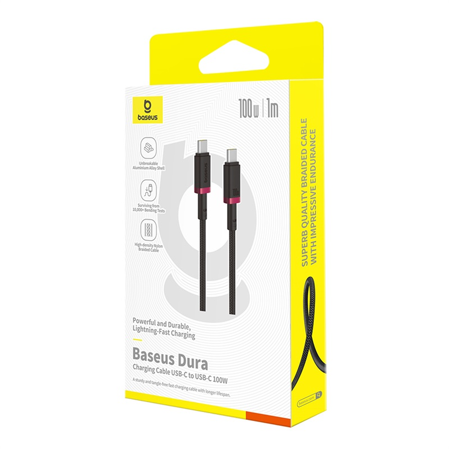 Caja de cable de carga Baseus Dura. Cable negro con detalles rosas sobre una caja blanca y amarilla. Incluye detalles del producto.
