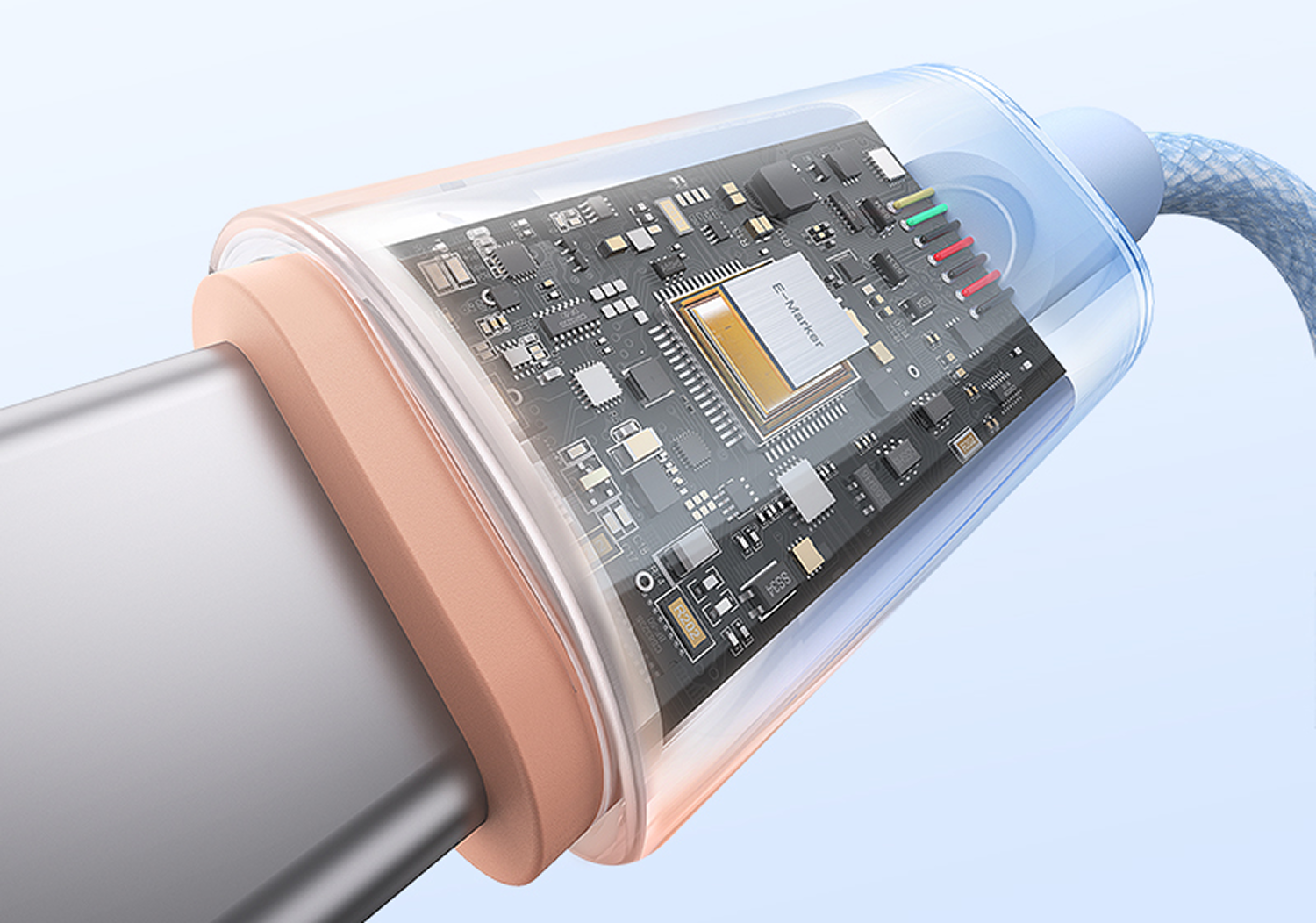 Primer plano de un cable USB-C con carcasa transparente que muestra circuitos internos y un cable trenzado azul.