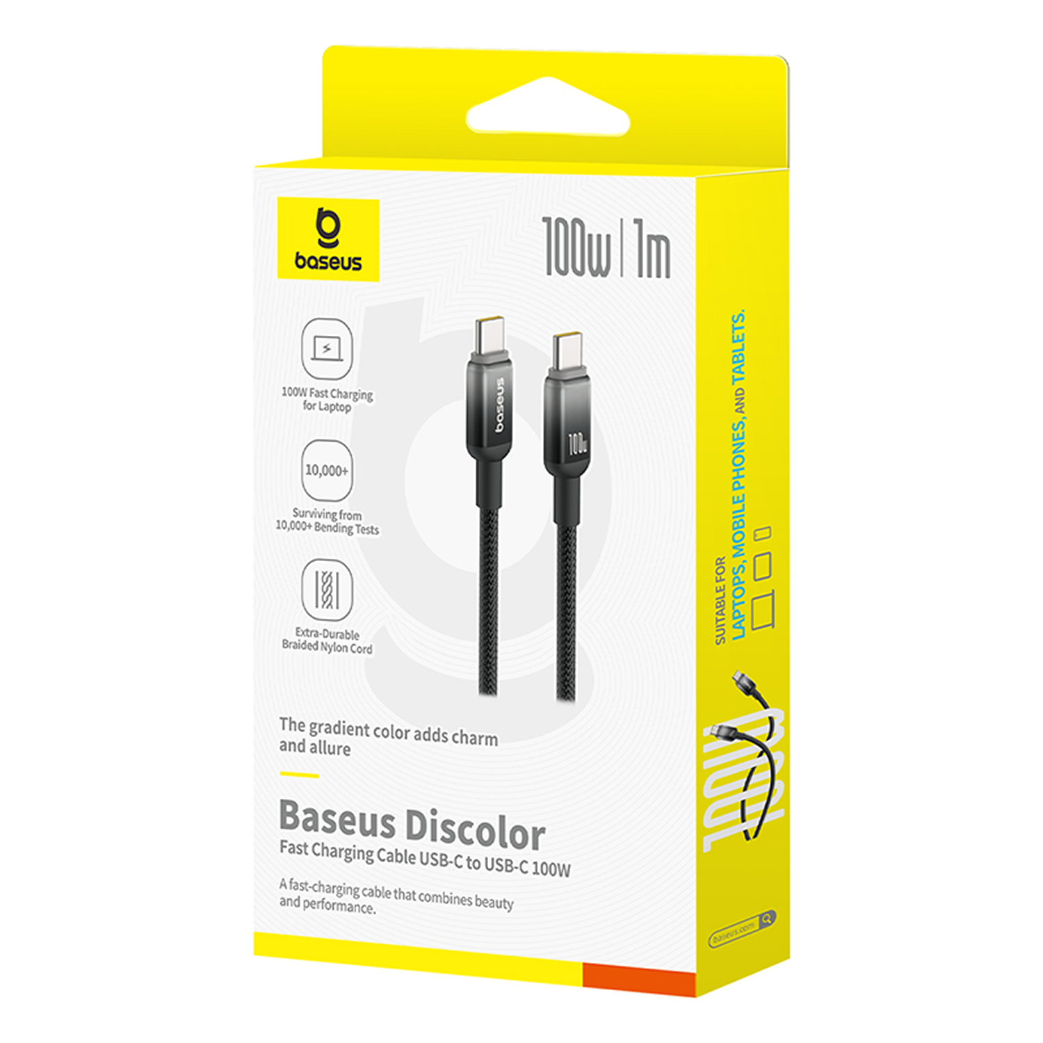 Caja de cable de carga Baseus Discolor USB-C a USB-C de 100W. Caja amarilla, cable negro, texto blanco. Adecuado para portátiles, teléfonos y tabletas.