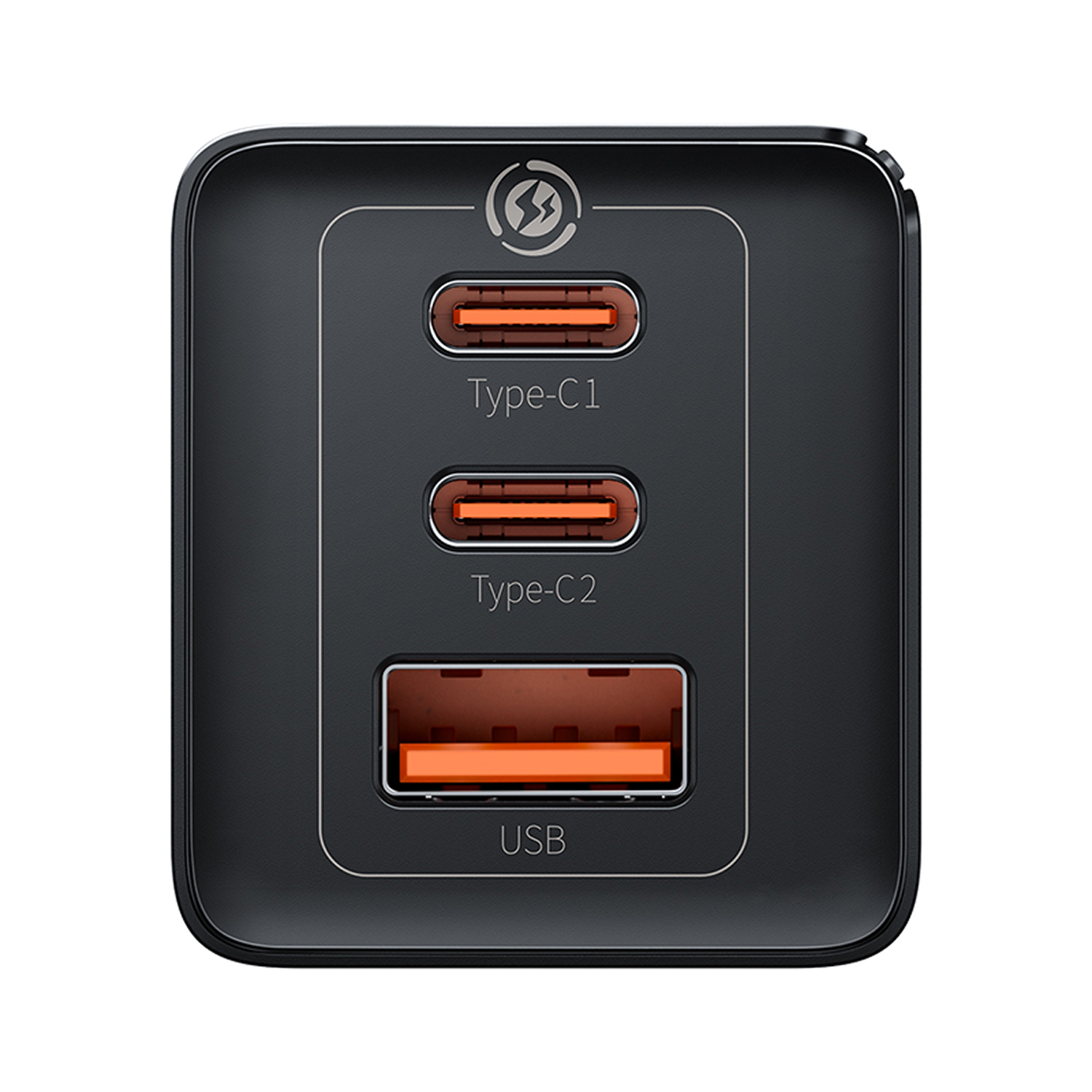Cargador negro con tres puertos: Tipo-C1, Tipo-C2 y USB. Cada puerto tiene una sección interior naranja. Símbolo de rayo en la parte superior.