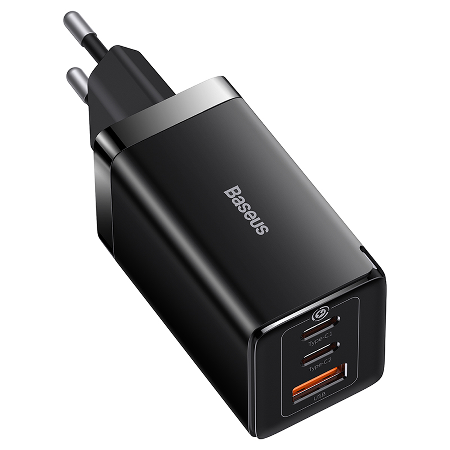 Cargador Baseus negro con múltiples puertos, incluyendo Type-C y USB. Tiene detalles plateados y un enchufe para enchufes europeos.